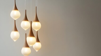 Modern teardrop pendant lights with soft warm light, hanging at staggered heights against a pale beige wall for a stylish effect