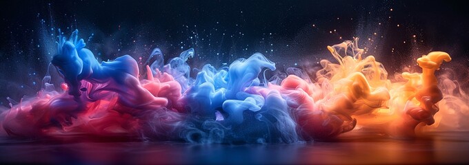 Abstract swirls of vibrant blue, orange, and pink paint create a mesmerizing underwater scene. The colors blend and contrast beautifully, creating a dynamic and captivating image.