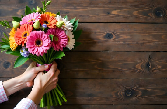 Top view of florist's hands holding bouquet of geberas on wooden table background with copy space