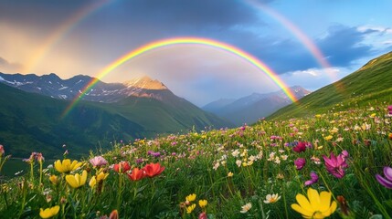 Naklejka premium A stunning rainbow illuminates a meadow of blooming flowers nestled in the mountains