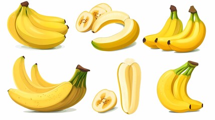 Vibrant Collection of Realistic Yellow Bananas with Whole and Sliced Varieties for Culinary and Health-Themed Illustrations and Designs