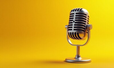 Vintage microphone yellow background sound wave visualization