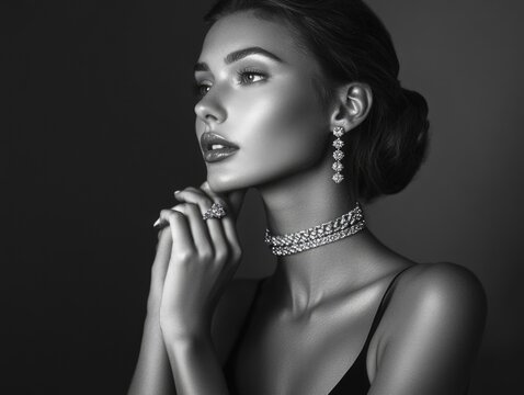 Stunning black and white portrait of a model with elegant jewelry.
