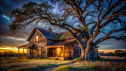 Texas Farmhouse, Low Light Photography, Old House, Rustic, Night Scene, Trees, Rural, Abandoned, Weathered, Dark, Moody, Longhorn State, Night Photography,  Old Building, Countryside,  Texas Landscape