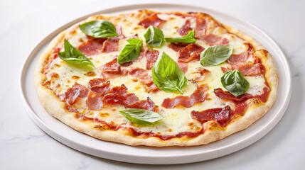 Delicious freshly baked pizza with crispy bacon and vibrant basil leaves on white plate