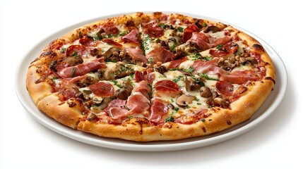 Delicious gourmet pizza with assorted toppings including meats, cheese, and vegetables