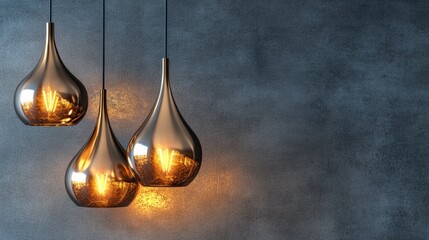 Pendant lamps in sleek metallic finishes, glowing warmly and hanging against a smooth gray backdrop, creating a sophisticated vibe