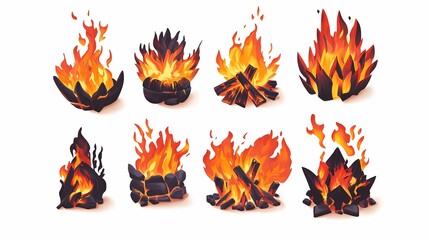 Collection of Stylish and Colorful Fire Illustrations Featuring Various Flames and Burnt Wood Structures for Creative Projects and Designs