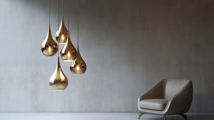 Pendant lamps in sleek metallic finishes, glowing warmly and hanging against a smooth gray backdrop, creating a sophisticated vibe