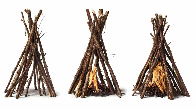 A collection of three rustic wooden tepee structures for fire making, showcasing the stages of construction and burning process for outdoor survival and camping activities