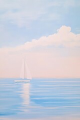 Fototapeta premium Serene Sailboat on Calm Waters: Tranquil Seascape with Soft Clouds and Reflections in Blue, Perfect for Coastal Decor and Relaxation Themes