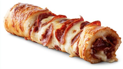 Delicious Pepperoni Roll with Melted Cheese and Crispy Crust on White Background