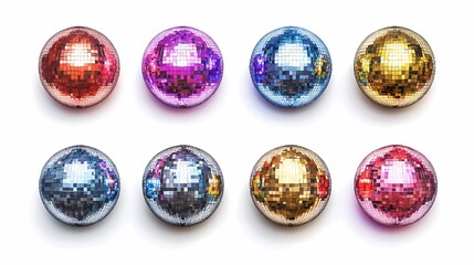 Fototapeta premium Collection of Colorful Disco Balls Arranged in a Grid Pattern with Shimmering Reflective Surfaces on a White Background