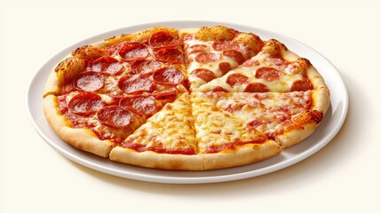 Deliciously Topped Pizza with Pepperoni, Cheese, and Mixed Toppings on a White Plate