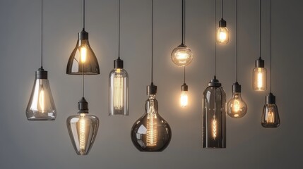 Realistic illustration of modern and vintage lamp lights, including metallic chandeliers and hanging glass LED bulbs for interior design