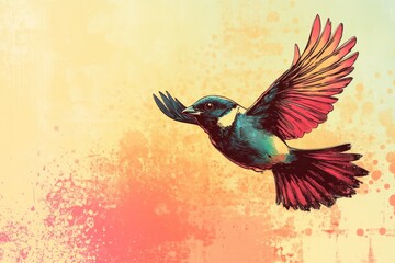 Obraz premium Illustration of a colorful bird flying with open wings in a colorful sky