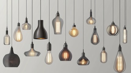 Realistic vector set of hanging lamp lights and retro chandelier bulbs, showcasing diverse home decor styles with modern and vintage elements