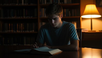 Young Man Studies a Book in a Library at Night