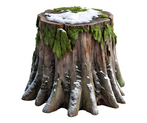 Old tree stump covered in snow isolated on transparent background, cut out, PNG