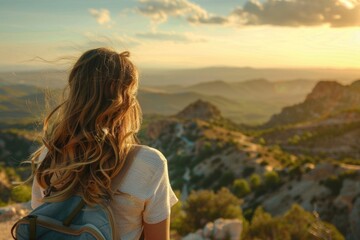 Female traveler admiring Spanish mountains at sunset.