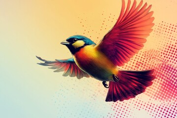 Obraz premium Small colorful bird flying with spread wings in a colorful sky with a halftone pattern