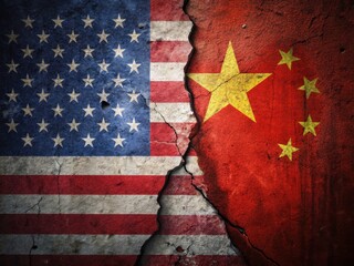 US China Relations Tension Escalation, Cracked Wall, Flag Silhouette, Geopolitical Conflict, International Relations