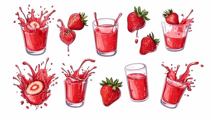 Colorful and Refreshing Strawberry Juice with Splashes and Fresh Fruits, Perfect for Summer Drinks and Healthy Beverages, Capturing the Essence of Hydration