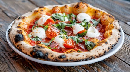 Deliciously Baked Pizza with Fresh Basil and Mozzarella on Rustic Wooden Table
