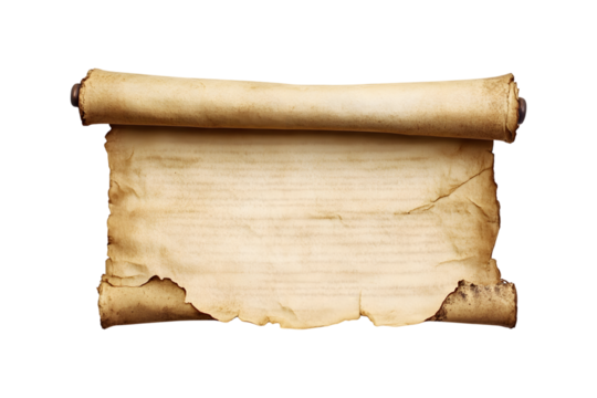 Ancient scroll parchment isolated on transparent background, cut out, PNG