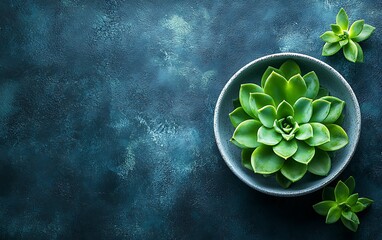 Lush green succulent plant in a gray bowl on a dark blue textured background.