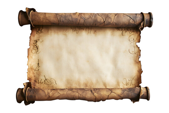 Ancient scroll parchment isolated on transparent background, cut out, PNG