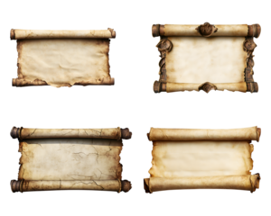 Set of Ancient scroll parchment isolated on transparent background, cut out, PNG