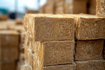 Close-up of straw bales, highlighting their texture and use as sustainable construction material