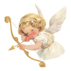 Obraz premium A cherubic angel with golden hair draws back a bow, preparing to shoot an arrow, embodying innocence and whimsy.