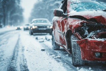 Damaged red car stands on snowy city street after dangerous traffic accident during winter snowfall
