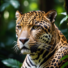 Obraz premium Tiere im Regenwald - Blick des Jaguars durch tropische Blätter
