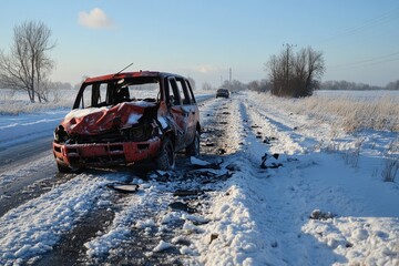 Destroyed red car and debris scattered on snowy winter road after dangerous car crash