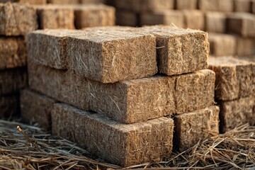 Stacked coconut coir bricks provide sustainable growing medium for plants, promoting eco-conscious gardening practices