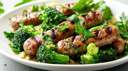 Grilled Sausages with Fresh Broccoli and Herbs on White Plate for Healthy Eating