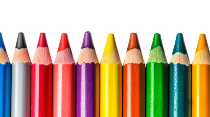 Row of colorful crayons neatly lined up isolated on transparent background