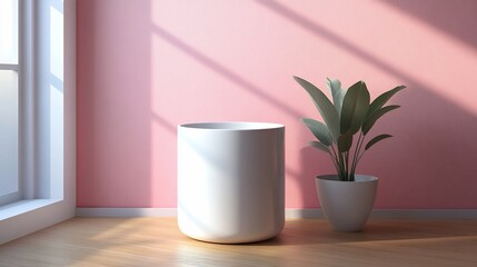 White cylindrical container and plant in pink room.
