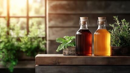 This image showcases two glass bottles, one dark and one light, with an assortment of fresh herbs nearby, epitomizing simplicity and natural beauty in a serene setting.