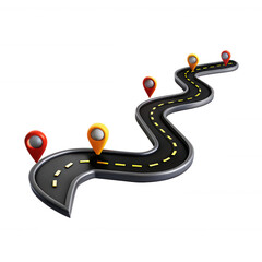 A vibrant 3D rendering of a winding road with colorful location pins, set against a dark background, suggesting navigation and journey.