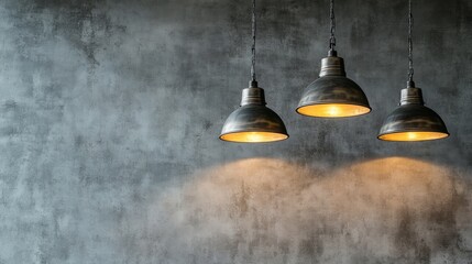 Obraz premium Warm-lit industrial lamps with metallic finishes, casting soft light against a textured gray concrete wall for a sleek modern look