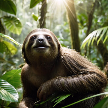Tiere im Regenwald - Langsames Faultier schaut in die Kamera