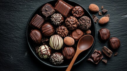 Assorted gourmet chocolates in a dark bowl.