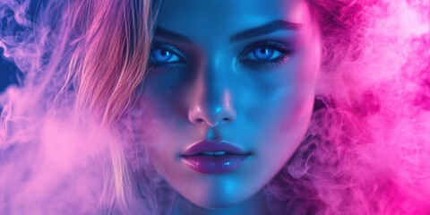 Fototapeta premium Portrait of a woman with smoke background in vibrant shades of pink and blue.