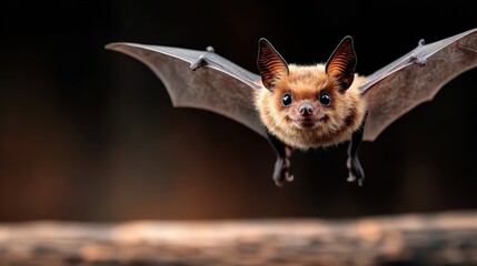 A curious bat explores its natural habitat, displaying the exquisite detail of its wings and unique features against a blurred background.