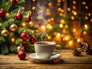 Festive Coffee: Christmas Tree & Coffee Cup, High Depth of Field Photography
