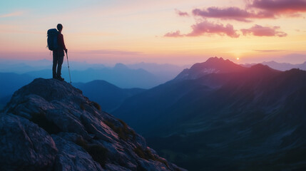 Fototapeta premium Person on a mountain top, facing the vast expanse of nature, with the sun dipping below the horizon line